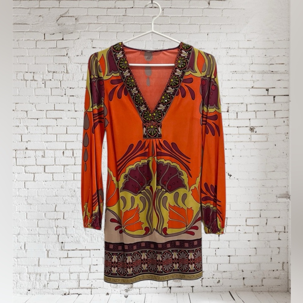 Hale Bob 100% Silk Embroidered Pattern Long Sleeve Dress